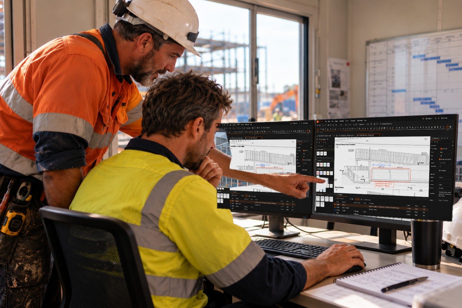Site team reviewing a drawing in thiran